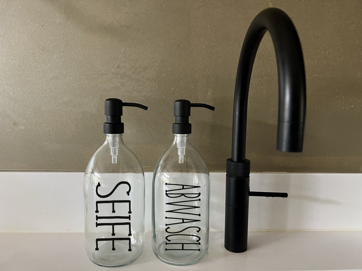 BBBLS® Design Dispenser Giftset "Seife Abwasch" | Transparant Glas | 1 liter | RVS / Metaal Pomp Zwart | Zeeppomp | Zeepdispenser | Zeephouder