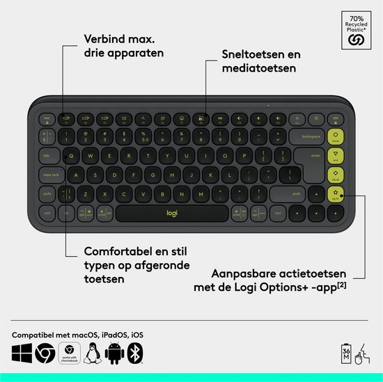 Logitech POP Icon Combo – Draadloos Toetsenbord & Muis – Bluetooth – Programmeerbare Actieknoppen – Stil – Easy-Switch – Paars – Gerecycled Plastic