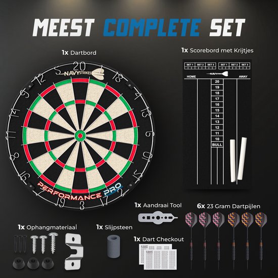 Navy Strikes Performance Pro Dartbord Set - Incl 6 Dartpijlen 23 gram en Scorebord - A Klasse Sisal - Triangle Wire - Toernooi Afmeting Dartsbord - Flights Darts en Dart Shafts