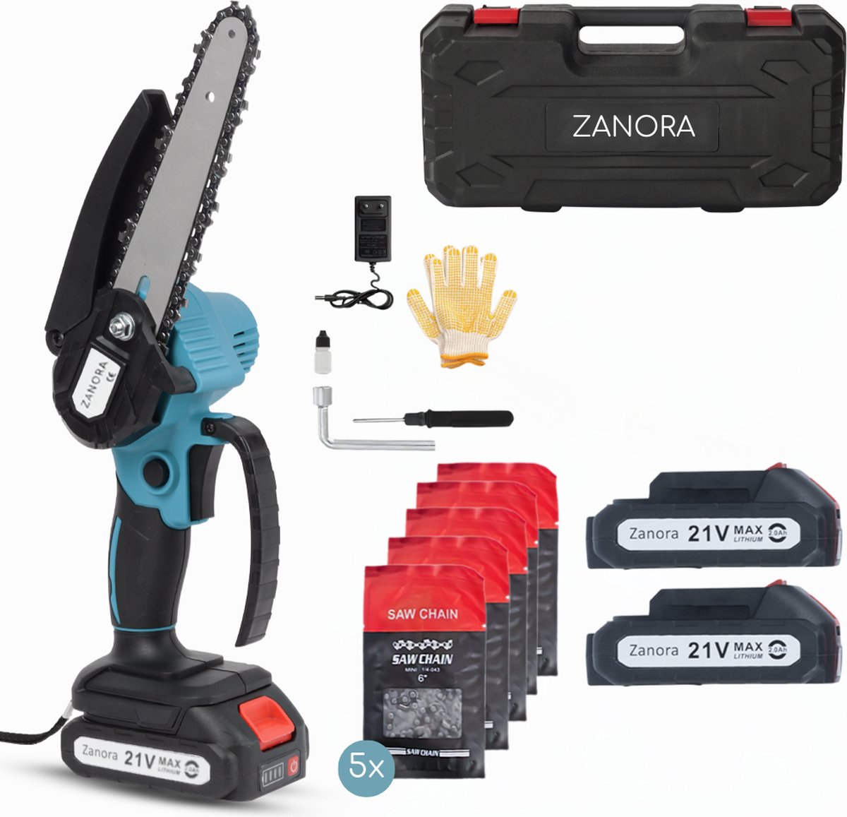 Bol.com Zanora® Garden – Mini Kettingzaag – 15 cm Zaagblad – 2 Accu’s – 21V – Incl. 5 Kettingen aanbieding