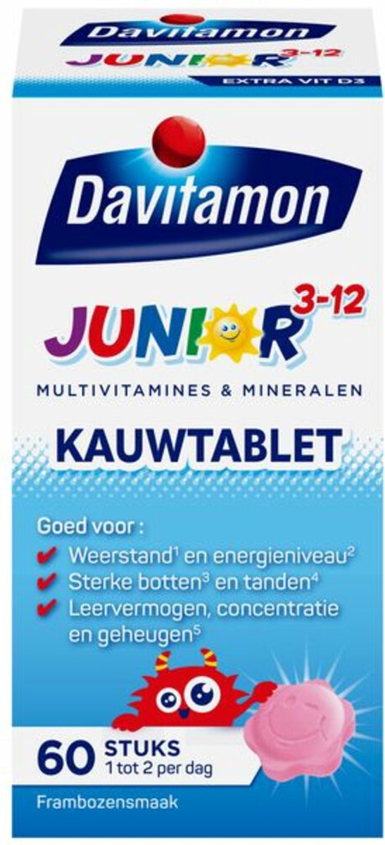 Goedkoopste 4x Davitamon Junior 3 Kauwvitamines Framboos 60 kauwtabletten