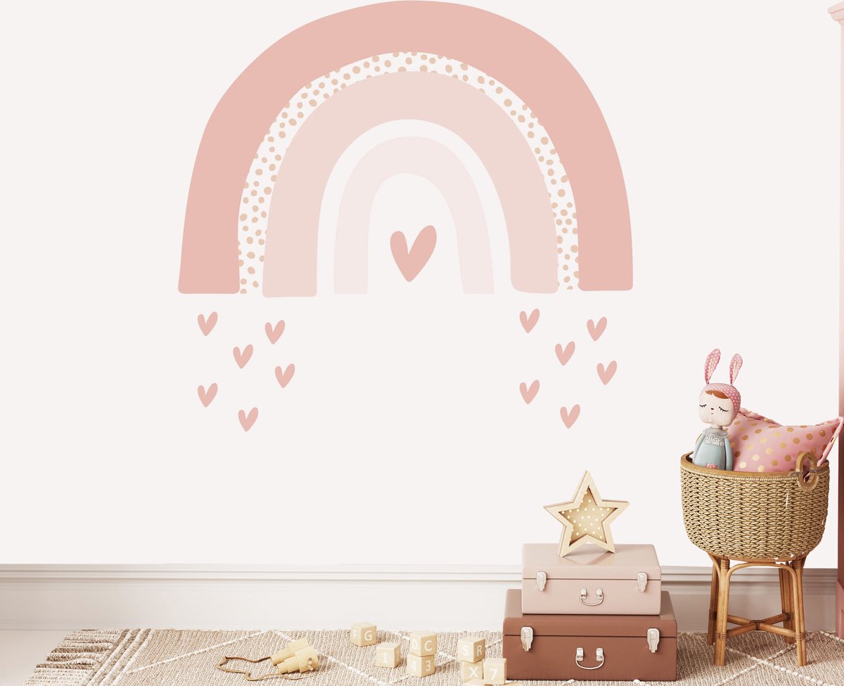 Decochic® - Muursticker regenboog groot - 95 cm - babykamer - roze - hartjes - kinderkamer - muurdecoratie