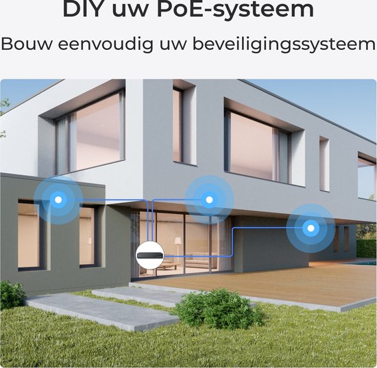 Moderne grijze en witte woning met tuin en zwembad. Een Reolink recorder is verbonden met de woning via blauwe lijnen.