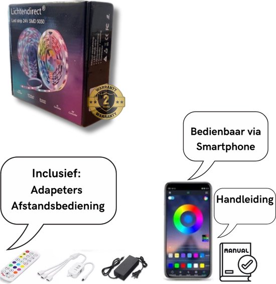 Lichtendirect-LED Strip - 20 meter - RGB verlichting - dimbaar - met afstandsbediening- Bluetooth - zelfklevend-Led light strip | Led lights | Led strips | Ledstrip