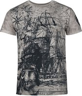 Grijs t-shirt met print van een zeilschip op een kaart. Zwarte opdruk met vintage uitstraling.