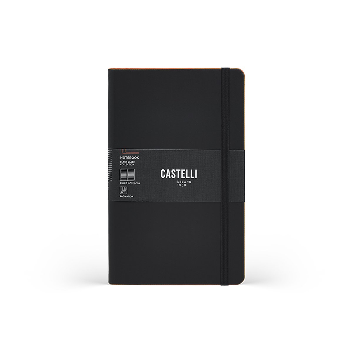 Notitieboek A5 Castelli Milano – 13×21 cm - Zwart - Black Laser / Neon Orange – gelinieerd – luxe Italiaans design – Made in Italy