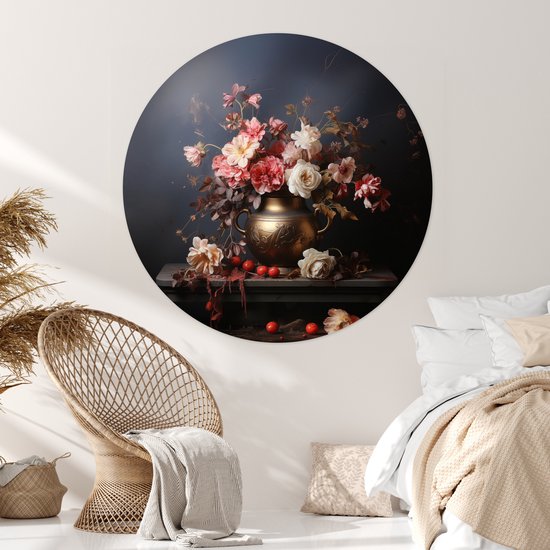 WallCircle® - Cercle de papier peint 120x120 cm - Stickers muraux Nature morte - Fleurs - Roses - Bouquet - Vase - Cercle mural salon - Cercle mural chambre - Décoration de pièce autocollante - Accessoires de Décoration murale XXL