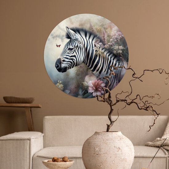 WallCircle - Stickers muraux - Cercle Papier Peint - Zebra - Animaux Sauvages - Papillon - Fleurs - 50x50 cm - Cercle Mural - Auto Adhésif - Sticker Papier Peint Rond
