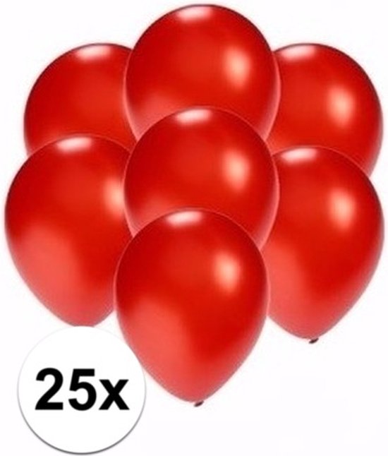 Een groep van zeven glanzende, metallic rode ballonnen, met een cirkel rechtsonder met '25x'.