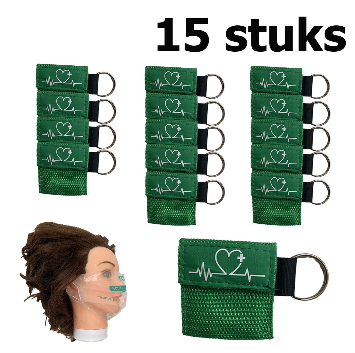Goedkoopste Kiss of Life reanimatiemasker | beademingsmasker | Sleutelhanger | Groen | 15 Stuks