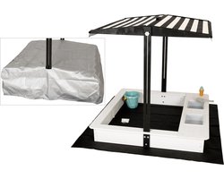 WONDERMAKE® design zandbak met modderkeuken, dak, deksel OXFORD 420D, vliesfolie, zandbak houten vierkant afsluitbare buitentuin voor kinderen, zwart en wit
