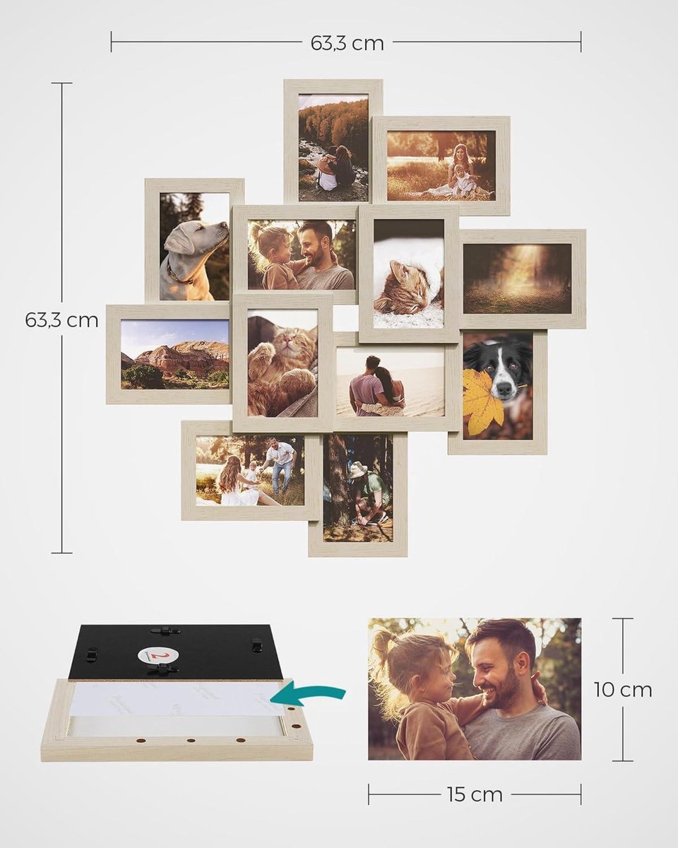 SONGMICS Bilderrahmen-Collage für mehrere Fotos, 12 Fotorahmen, Fotocollage, für 10 x 15 cm Bilder, Wandcollage, Fotowand, Montage erforderlich, weihnachten,tintenschwarz RPF26BK