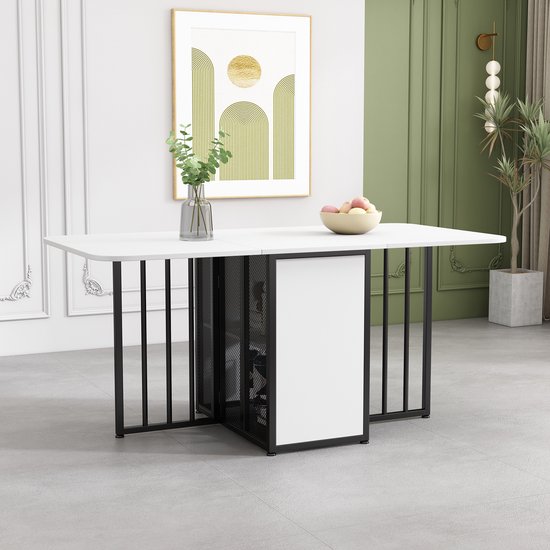 Table à manger pliante Gutent (Wit et Zwart), table à manger extensible, table à manger avec tiroirs, table à manger avec 3 formes, table à manger extensible multifonctionnelle, table à manger mobile
