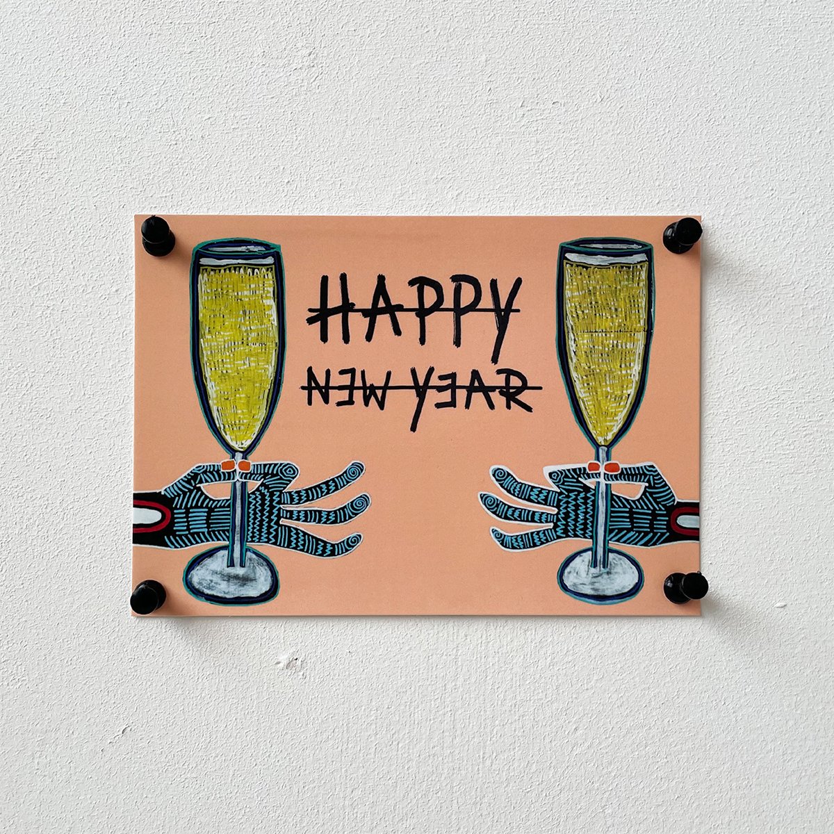 Happy New Year kerstkaarten - CHAMPAGNE oranje - A6 - van kunstenaar Frank Willems