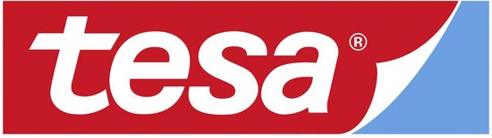 Tesa logo op een rode achtergrond met een blauwe punt.