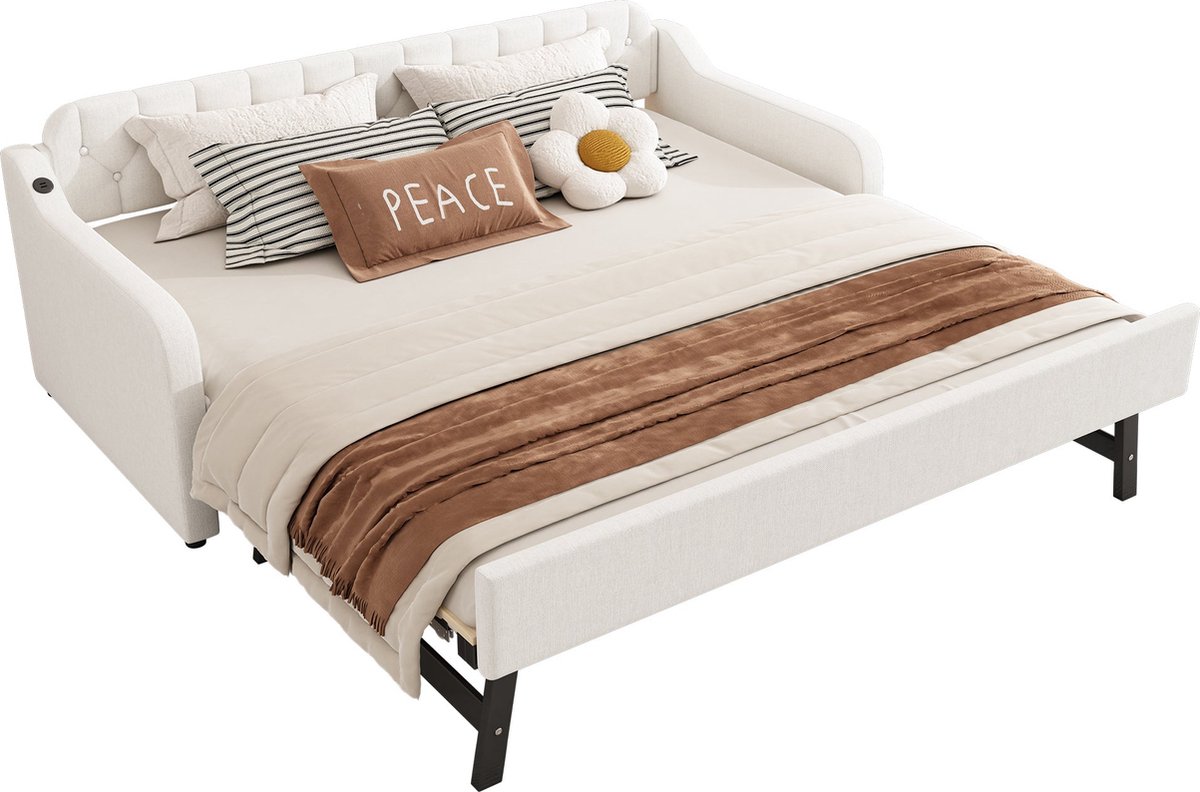 Merax Uitschuifbare Slaapbank 90x200 tot 180x200 cm – Bedbank met USB-Poort – Beige