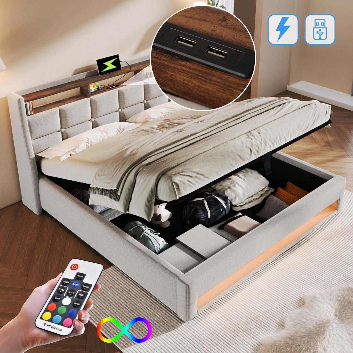 Merax Tweepersoonsbed 140x200 cm met USB en LED – Bed met Opbergruimte - Beige