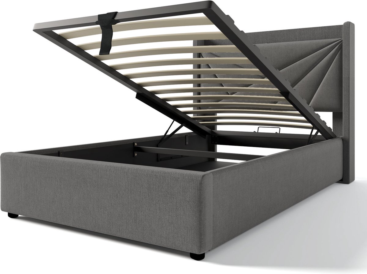 Merax Gestoffeerd Eenpersoonsbed met Opbergruimte - USB Type-C Oplaadfunctie - Linnenmateriaal - 90x200 cm (Inclusief Matras) Grijs