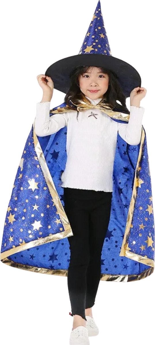 Joya Kids® Tovenaars Cape Hoed Blauw | Halloween Verkleedset als Tovenaar | Verkleedkleding | Cape Muts Merlijn | Blauw