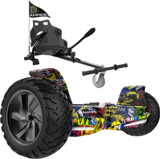 Ampes hoverboard met off-road banden en een hippe, kleurrijke graffiti print. Inclusief een carbon hoverkart met een vlag met "AMPES" erop.