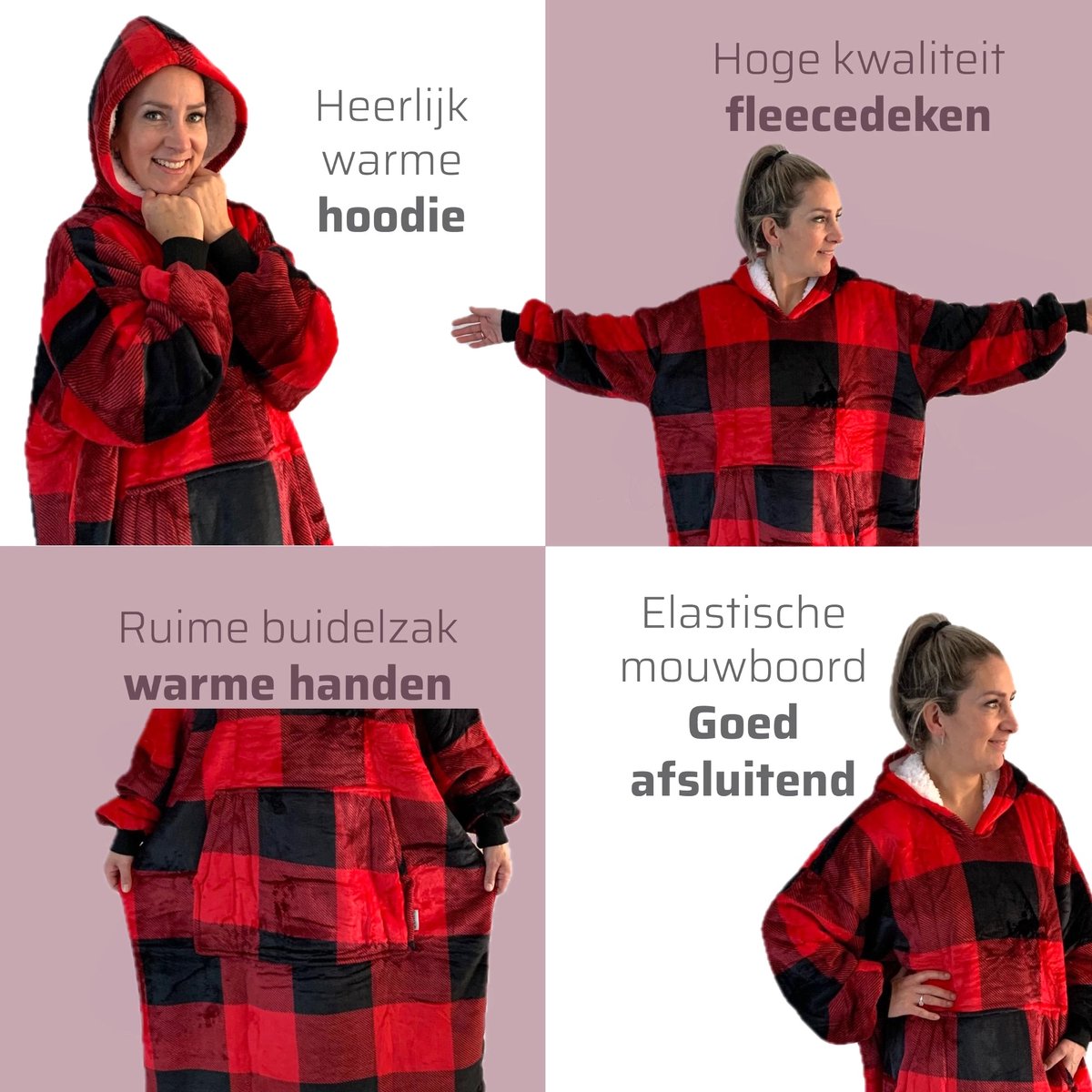 Q-Living Hoodie Deken - Extra Lang & Dik - Plaid Met Mouwen - Snuggle Hoodie - Fleece Deken Met Mouwen - Rood Zwart Extra Lang — cadeau in Wonen & Interieur - foto 3