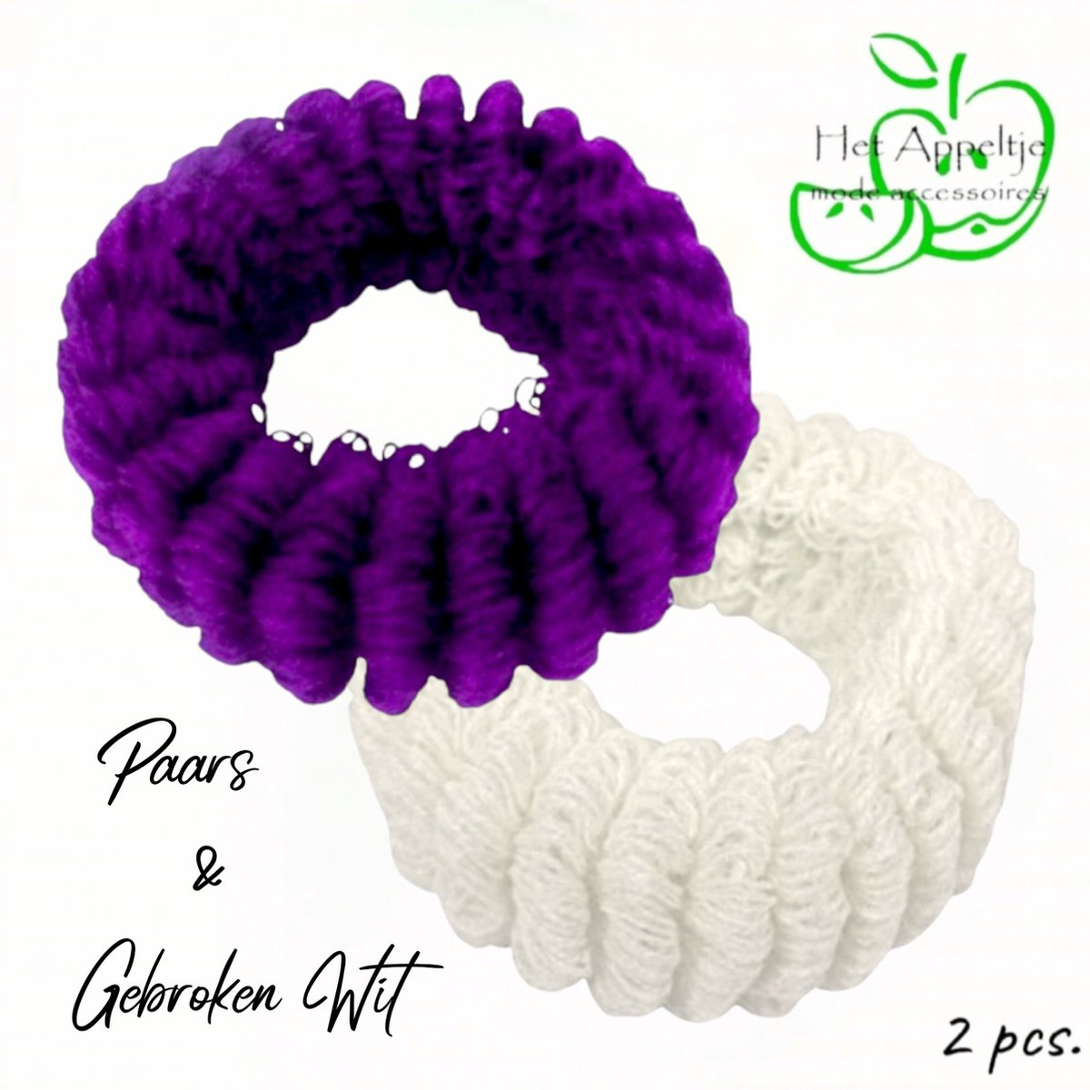 H.A.M.A. - Brede Gebreide Ribbel Haar Elastieken - Paars en Gebroken Wit - 2 stuks - 6,5 x 3,5 cm - Volwassenen Jeugd Kinderen - Unisex - Casual Sport Feest