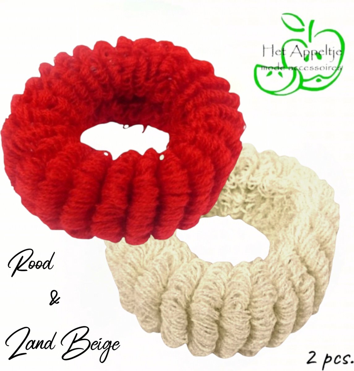 H.A.M.A. - Brede Gebreide Ribbel Haar Elastieken - Rood en Zand Beige - 2 stuks - 6,5 x 3,5 cm - Volwassenen Jeugd Kinderen - Unisex - Casual Sport Feest