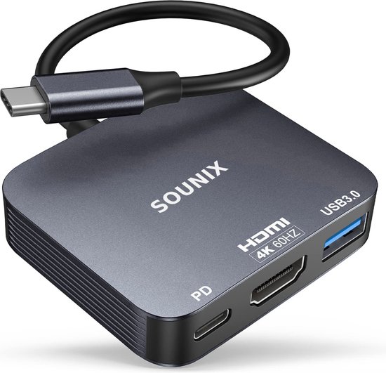 Sounix USB-C naar HDMI - 4K@60Hz HDMI - USB C Hub - USB 3.0 (5Gbps) - USB-C Opladen (tot 100W) - 3in1 Adapter - Aluminium