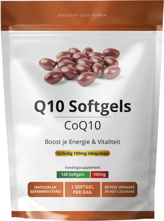 Verpakking Q10 Softgels CoQ10. Boost je energie & vitaliteit. 120 softgels, 100mg.