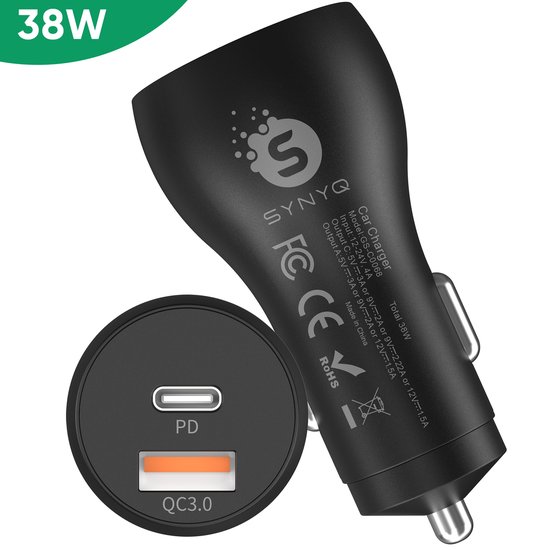 Synyq Autolader 38W - 2 Poorten - Gecertificeerd - USB oplader Auto - Auto Snellader - Sigaretten Aansteker Adapter - Auto Oplader