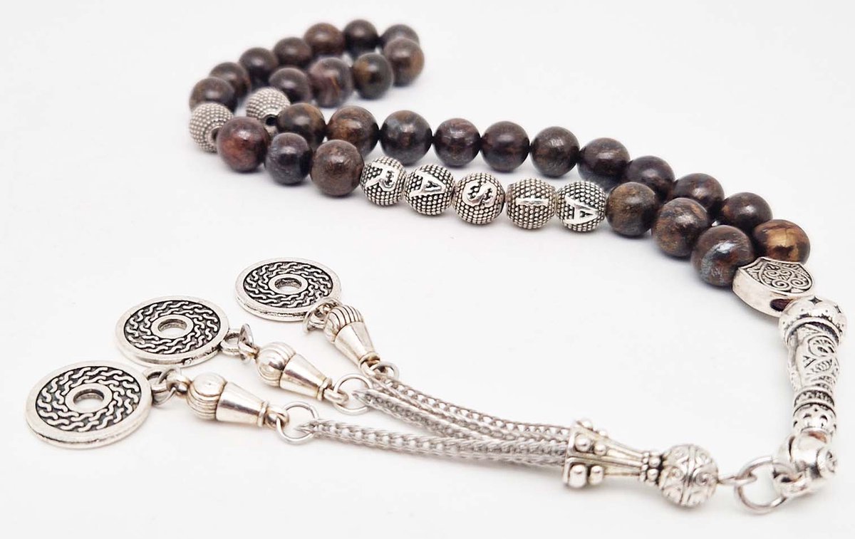 Handgemaakte naam tasbih 33 Kralen Natuursteen “ Bronzite” - met metaal tassel “Omarmen"- Met je naam of de naam van uw geliefde- 8 mm diameter van de korrel