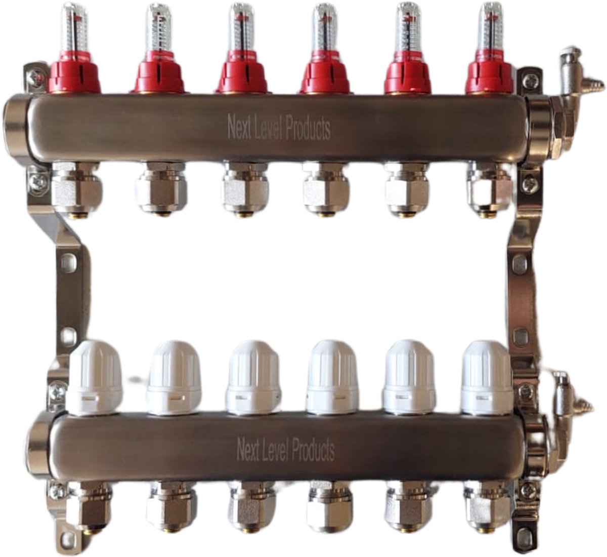 VLOERVERWARMING VERDELER RVS 304 - 3 GROEPEN - incl Flowmeters, Instelbare afsluiters, Ophangbeugel, Euroconus 16mm, Vulaansluiting en Ontluchter 8mm