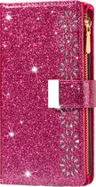 Coque adaptée pour iPhone 16 - Bookcase - Cordon - Porte-cartes - Portefeuille - Glitter - Motif fleurs - Simili cuir - Rose