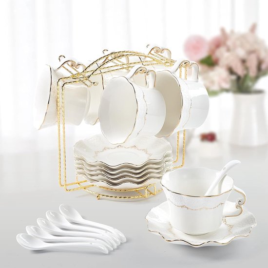DUJUST theekopjes en schotels set van 6 (250 ml), luxe theekopset met