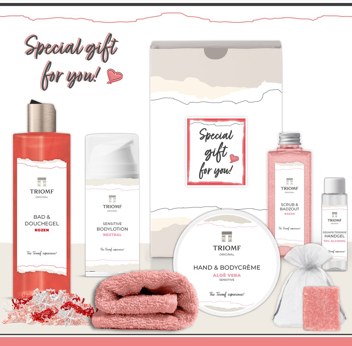 Goedkoopste Geschenkset “Special Gift for You!” - 7 producten - 850 gram | Triomf Original - Cadeau Vrouw - Cadeau Speciaal voor jou - Luxe wellness cadeaubox - Cadeaupakket Vrouw Vriendin - Geschenk Set Verjaardag Valentijn Moederdag Kerst Pakket Roze Rood