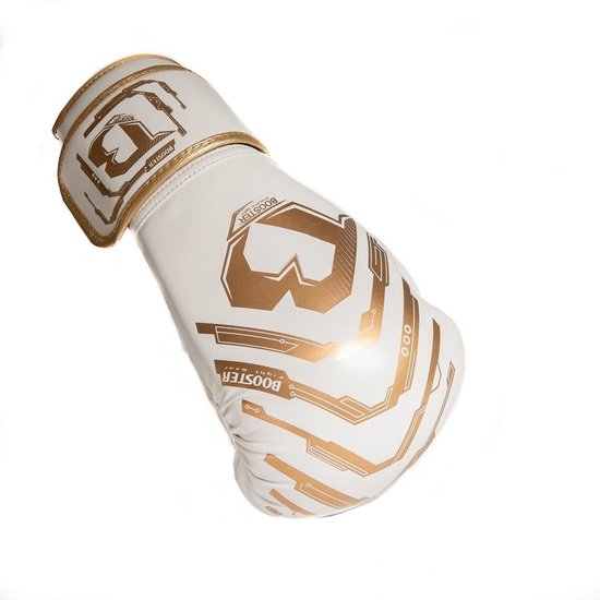 Witte bokshandschoen met gouden print en gouden rand.