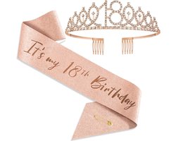 Setje "18th birthday" - 18 jaar verjaardag versiering - Tiara 18 jaar - Verjaardagskroon en Sjerp - Rosé Goud
