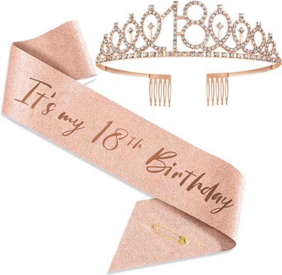 Setje "18th birthday" - 18 jaar verjaardag versiering - Tiara 18 jaar - Verjaardagskroon en Sjerp - Rosé Goud