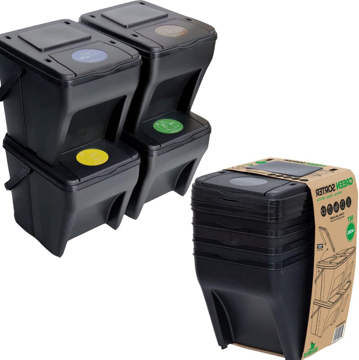 Goedkoopste 4 Vaks Afvalscheidingssysteem 100L - Groen Sorteer Vuilnisbak 4 x 25L - Stickers Kleuren voor Biologisch Afval, Papier, Glas - Keuken Afvalscheiding