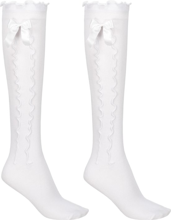 Haus Huberts Oktoberfest Kniekousen Dames - Met Strik - Wit - Tiroler Kousen - Oktoberfest Dames - Maat 35-38