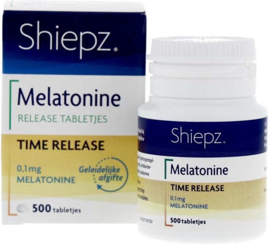 Doos en potje Shiepz Melatonine Time Release 0,1mg melatonine, 500 tabletten.