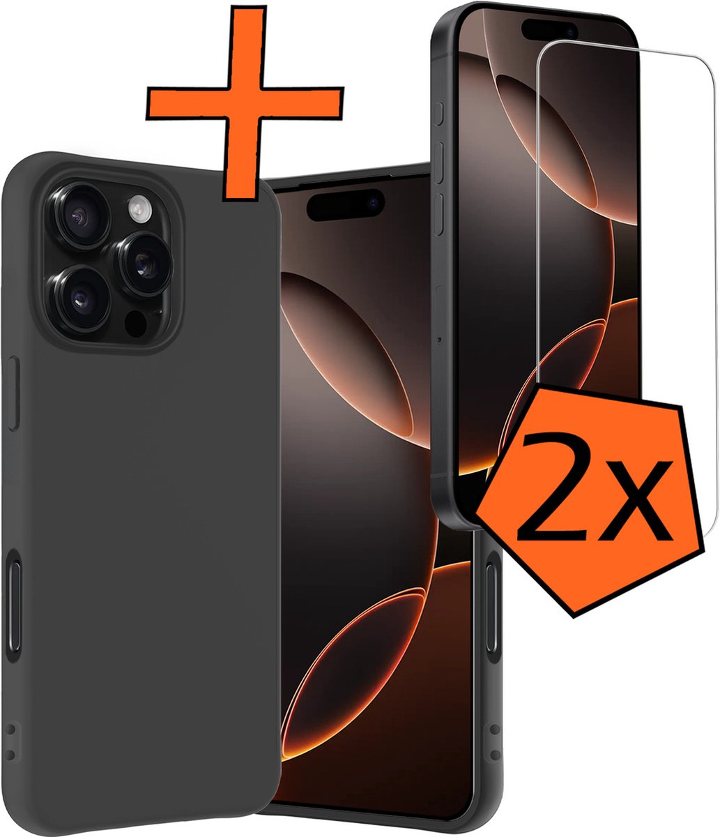 Hoes - Met 2x Screenprotector - Geschikt voor Apple iPhone 16 Pro - Sterk & Shockproof - Back Cover - Siliconen Case - Telefoon Hoes - Zwart