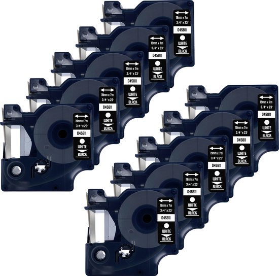 DULA Dymo D1 45811 - S0720910 - Compatible label tape - 10 lettertapes - Wit op zwart - 19mm x 7m