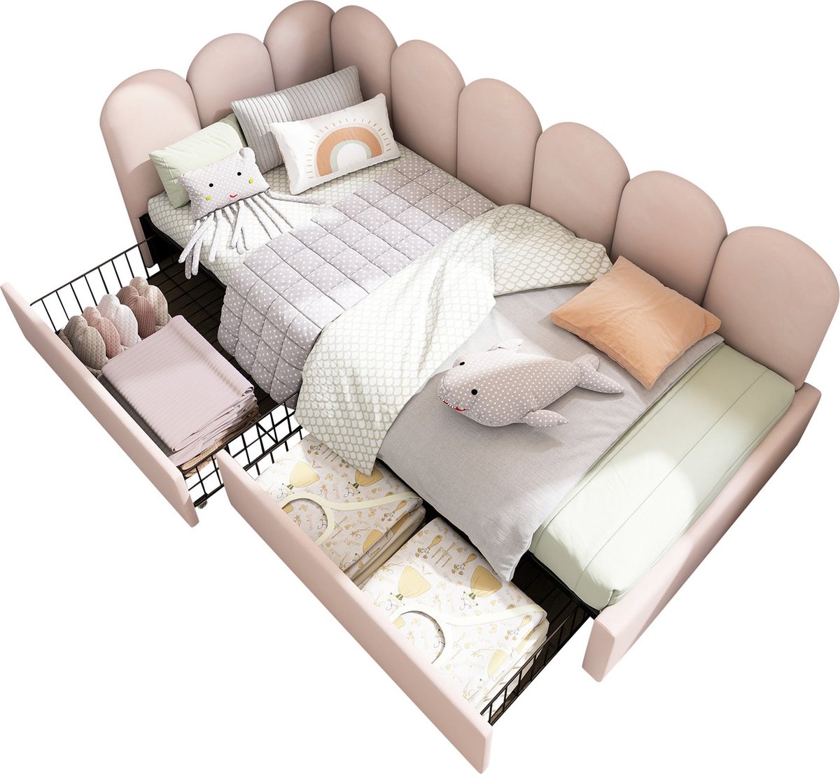 Merax Slaapbank 90x200cm - Gestoffeerd Bed met Schubladen en Opbergruimte - Rosa Fluweel - Dagbed met Lattenbodem en Slaapfunctie
