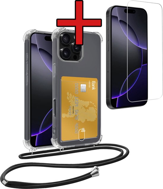 Coque adaptée pour iPhone 16 Pro Max avec cordon de téléphone et porte-cartes avec protecteur d'écran en Siliconen – Coque adaptée pour iPhone 16 Pro Max avec porte-cartes résistante aux chocs – Transparent