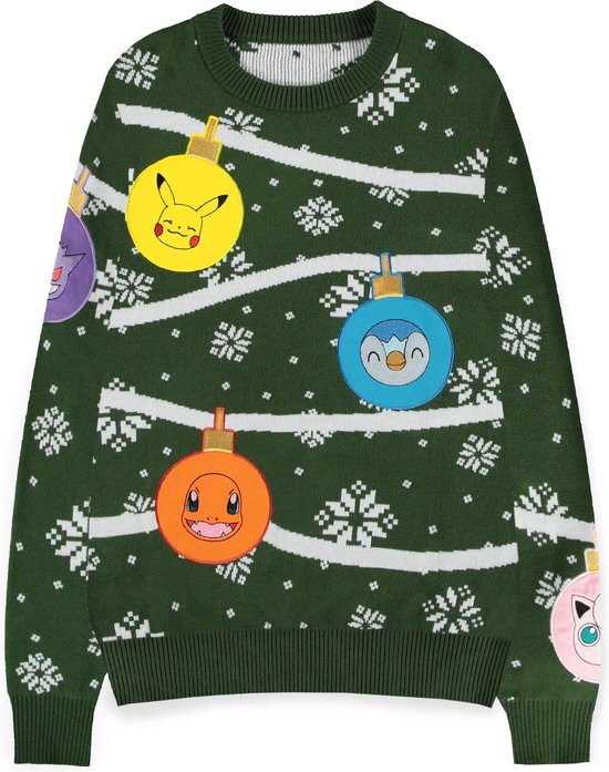 Groene kersttrui met Pokémon-kerstballen: Pikachu, Piplup, Charmander, Gengar en Jigglypuff. Sneeuwvlokjes en witte strepen patroon.