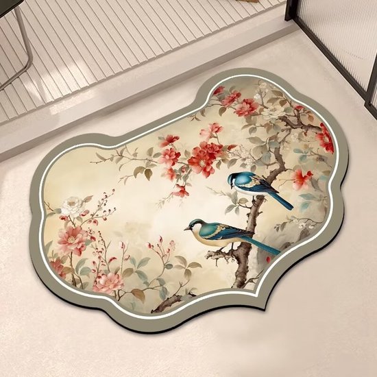 Vloerkleed met Chinese stijl print, met bloemen en twee blauwe vogels op een tak.