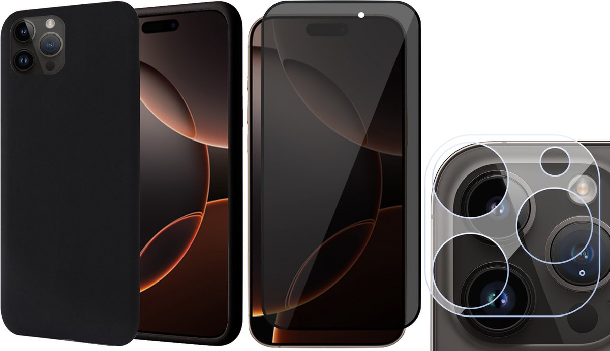 Hoesje geschikt voor iPhone 16 Pro - Privacy Screenprotector Volledig Dekkend Glas & Camera - Matte Case Zwart met Fluweelzachte Binnenzijde