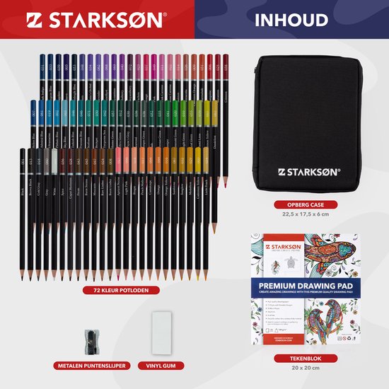 De inhoud van de Starkson teken set: 72 kleurpotloden, etui, puntenslijper, gum en schetsboek.