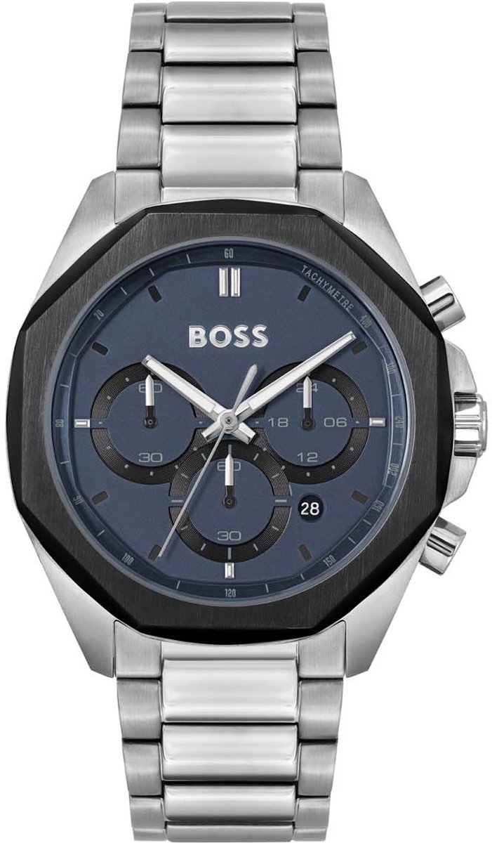 BOSS HB1514015 CLOUD Heren Horloge - Mineraalglas - Staal - Zilverkleurig - 44 mm breed - Quartz - Vouw-Vlindersluiting - 5 ATM (douchen)